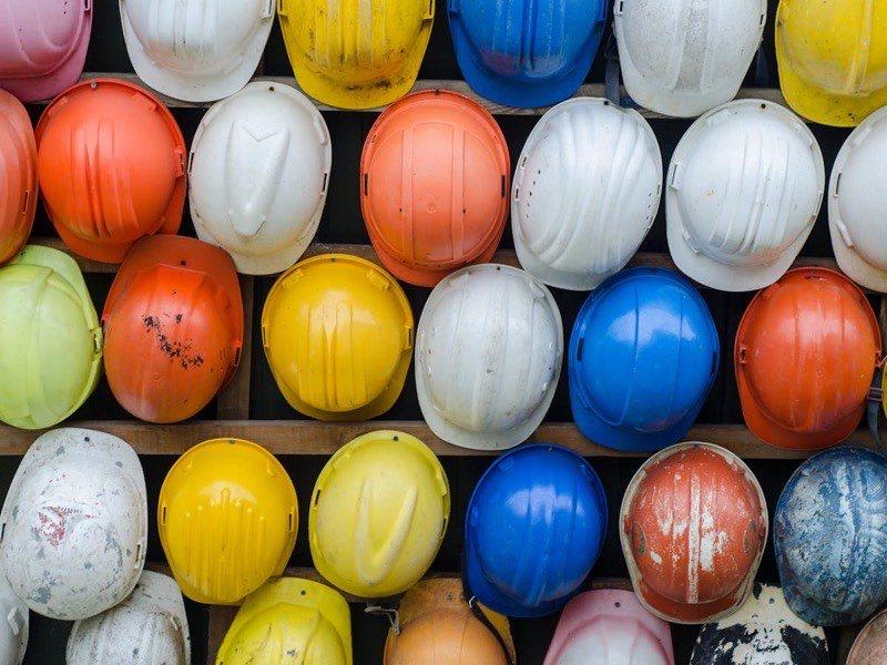 Collection of construction safety helmets