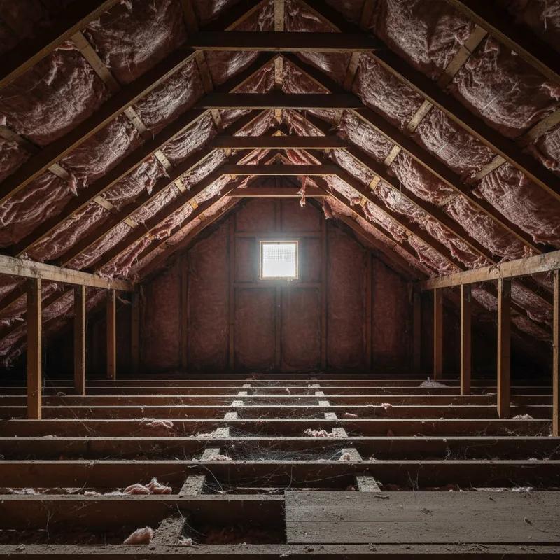 A Philadelphia row home attic with exposed rafters and insufficient fiberglass batt insulation visible between joists, illustrating a common insulation problem in older Philly homes