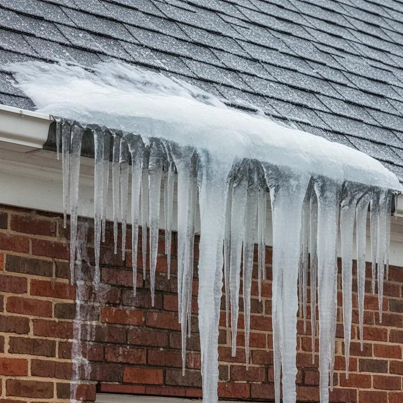 Large ice dams and heavy icicles forming along the gutters and eaves of a brick Philadelphia row home after a winter snowstorm, showing signs of heat escaping through the roof