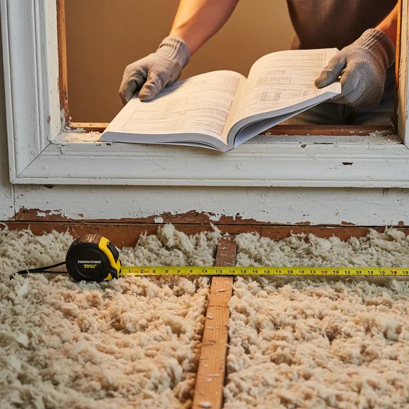 A contractor using a blower machine to install blown-in cellulose insulation across the attic floor joists of a Philadelphia home, with insulation depth gauge sticks visible