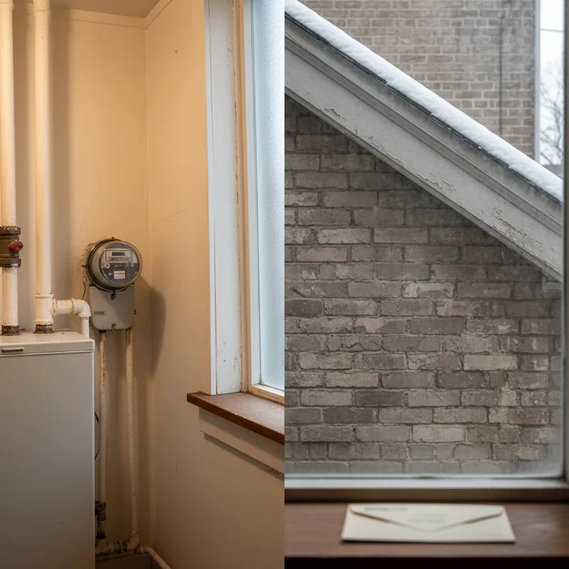 A Philadelphia homeowner reviewing their monthly PECO energy bill at a kitchen table, with an open attic hatch visible in the hallway behind them showing new insulation installed