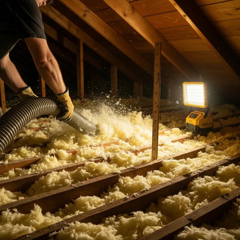 A certified energy auditor using a thermal imaging camera in a Philadelphia row home attic to identify heat loss areas and air leaks before recommending insulation improvements