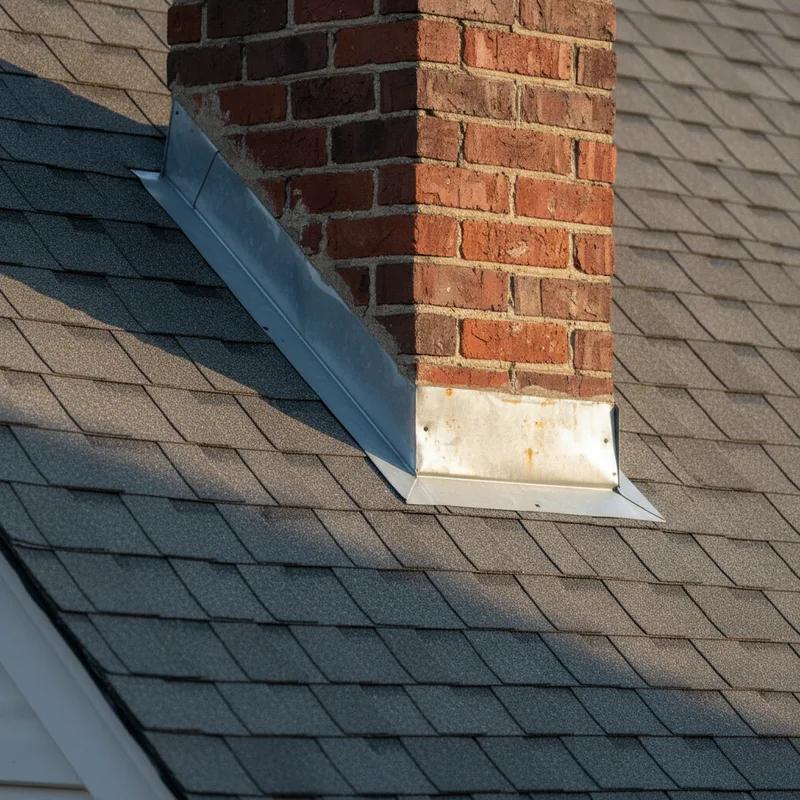 Close-up of a brick chimney with copper step flashing and counter flashing on a Philadelphia row home roof, showing the layered metal system at the chimney-to-roof junction