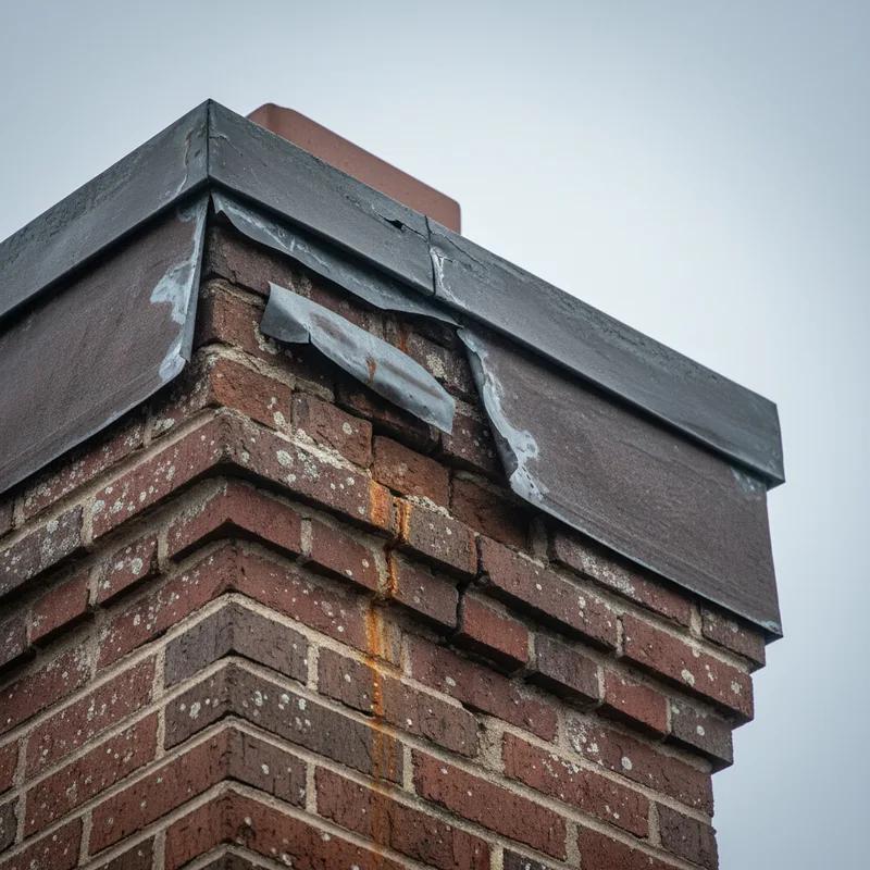 Deteriorated chimney flashing on a Philadelphia brick row home showing cracked caulk, rust staining, and separated counter flashing pulled away from mortar joints