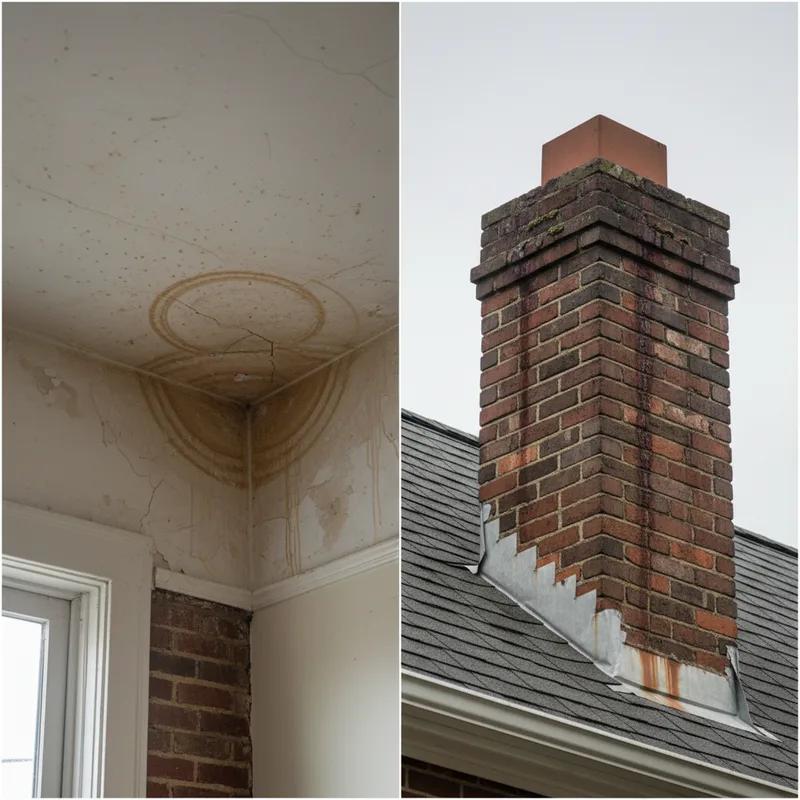Philadelphia homeowner using a flashlight to inspect attic rafters near a chimney penetration, showing water staining and dark discoloration on wooden roof decking