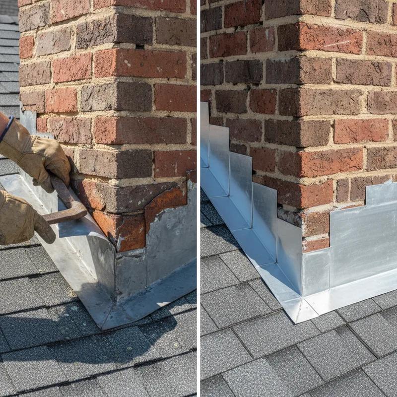 Side-by-side comparison showing old corroded aluminum chimney flashing being removed and new copper step flashing being installed on a Philadelphia roofing project