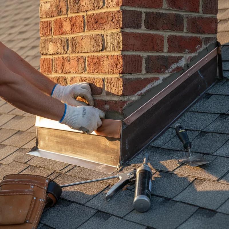 Licensed Philadelphia roofer carefully installing new copper step flashing between brick chimney and asphalt shingles, with mortar joints freshly tuck-pointed on a residential roof