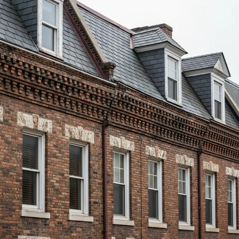 A diverse range of Philadelphia homes, including row homes and townhouses, highlighting different roof styles.