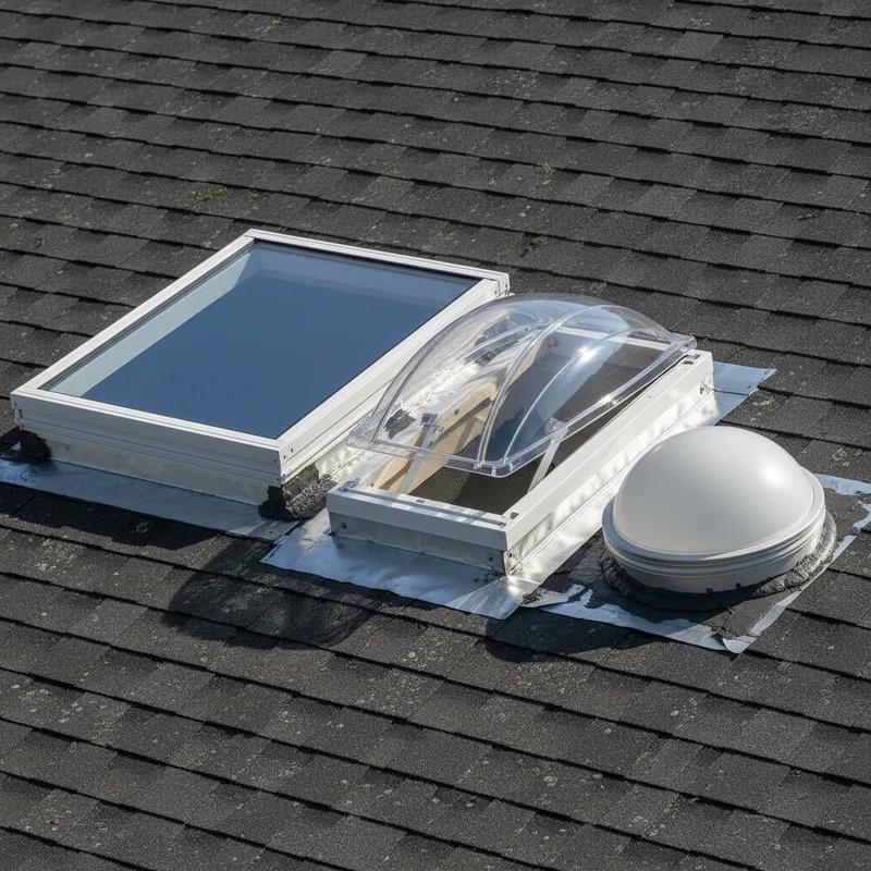 Various skylight types including fixed, ventilated, and tubular skylights on a display.
