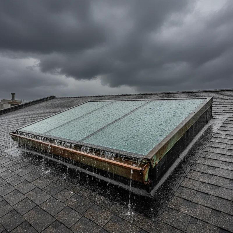 A Philadelphia home with skylights under different weather conditions, including snow and sun.