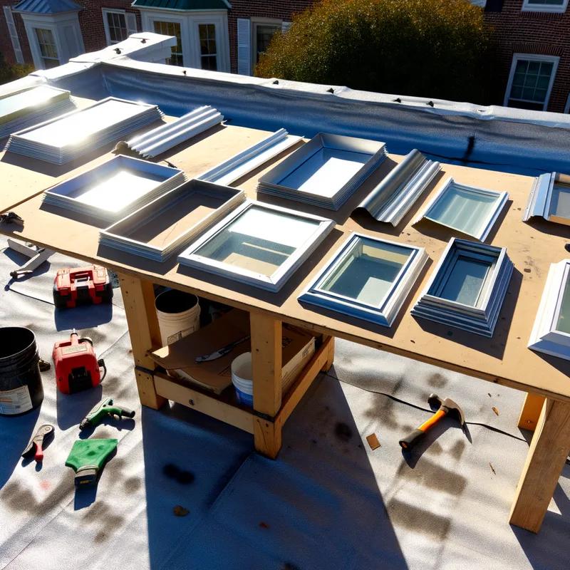 Various skylight types including fixed, ventilated, and tubular skylights on a display.