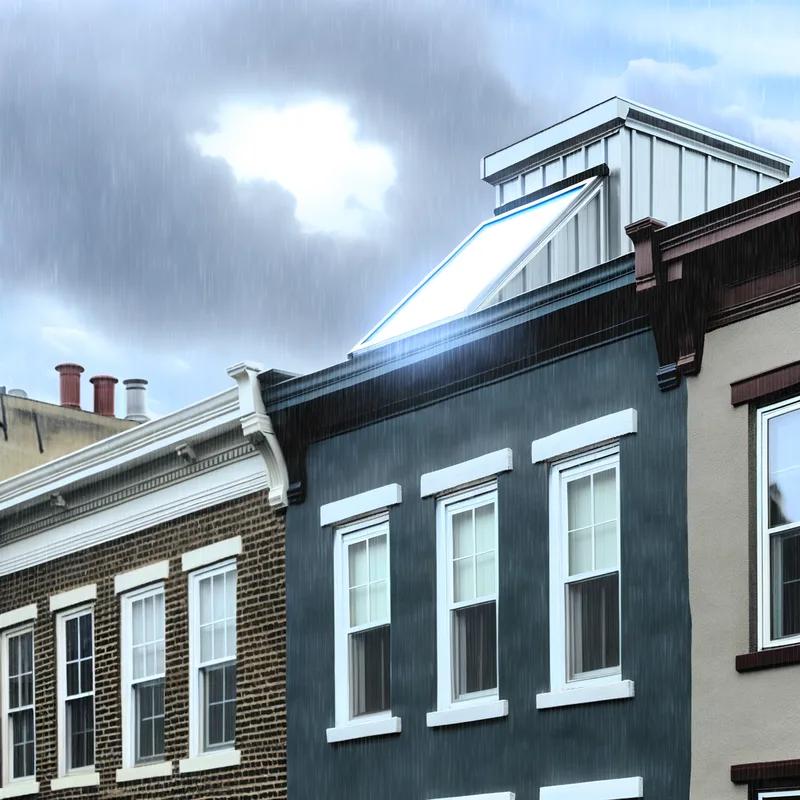 A Philadelphia home with skylights under different weather conditions, including snow and sun.