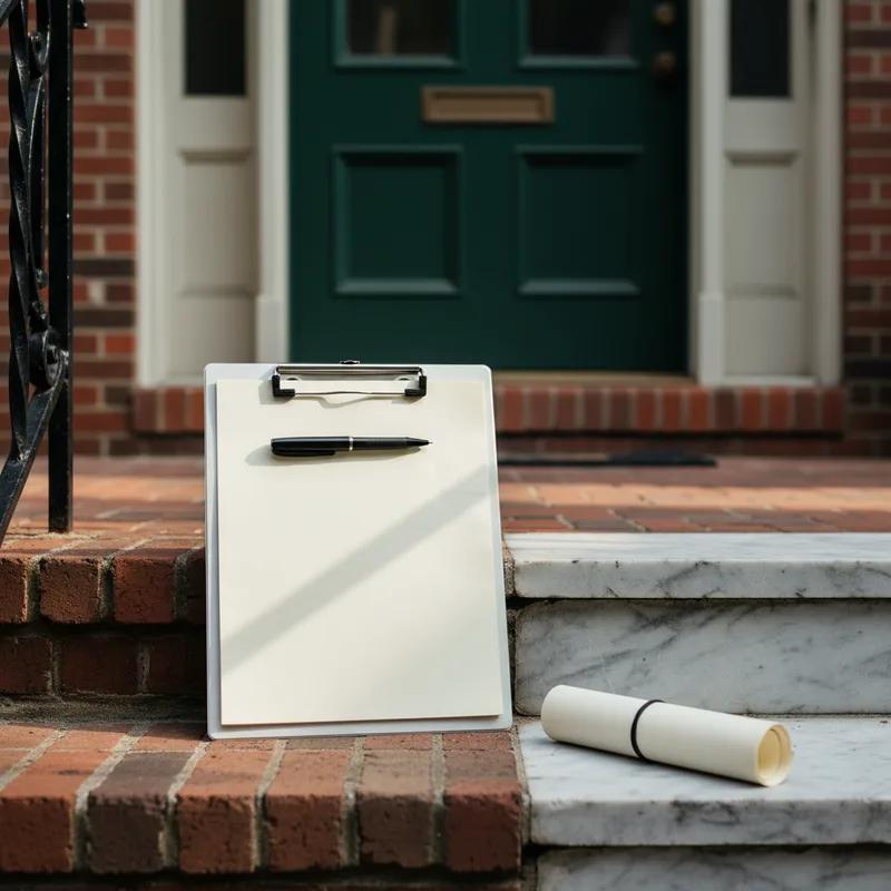 A close-up of a roofing contract being reviewed at a table, with a pen hovering over a suspicious blank field in the payment terms section