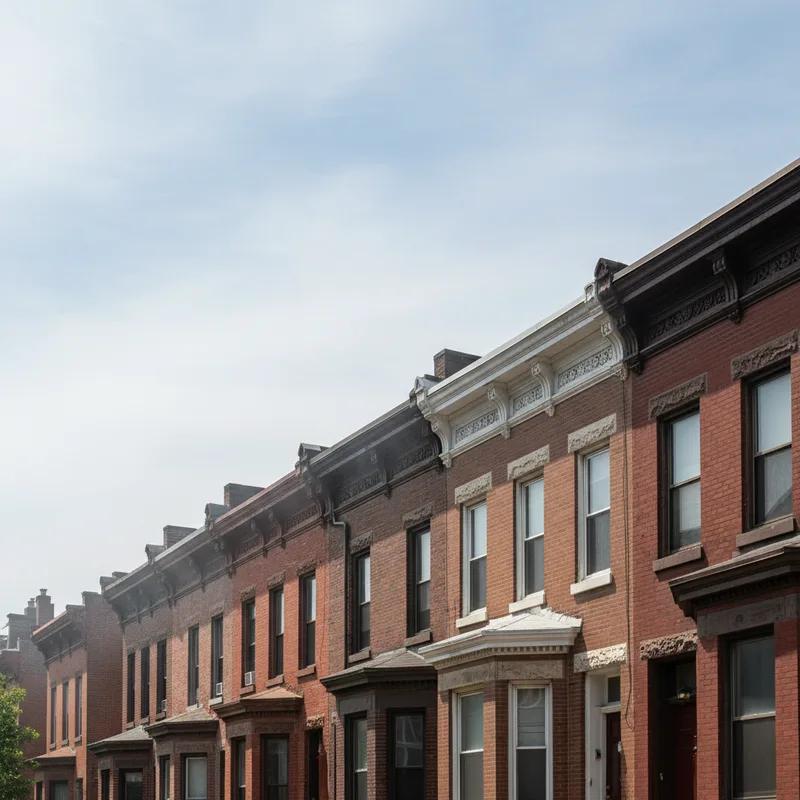 Philadelphia row homes with cool roofs, under a clear summer sky.