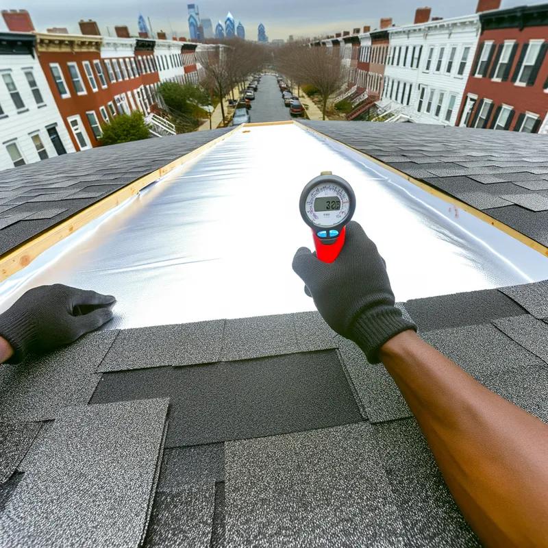 Aerial view of Philadelphia with several buildings featuring cool roofs, reflecting sunlight.