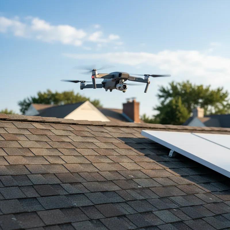 A professional drone operator piloting a UAV over a Philadelphia row home rooftop on a clear day, with the drone hovering above a flat rubber roof