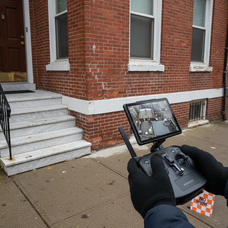 A FAA Part 107 certified drone operator reviewing airspace authorization on a tablet before launching a drone inspection over a Philadelphia neighborhood rooftop