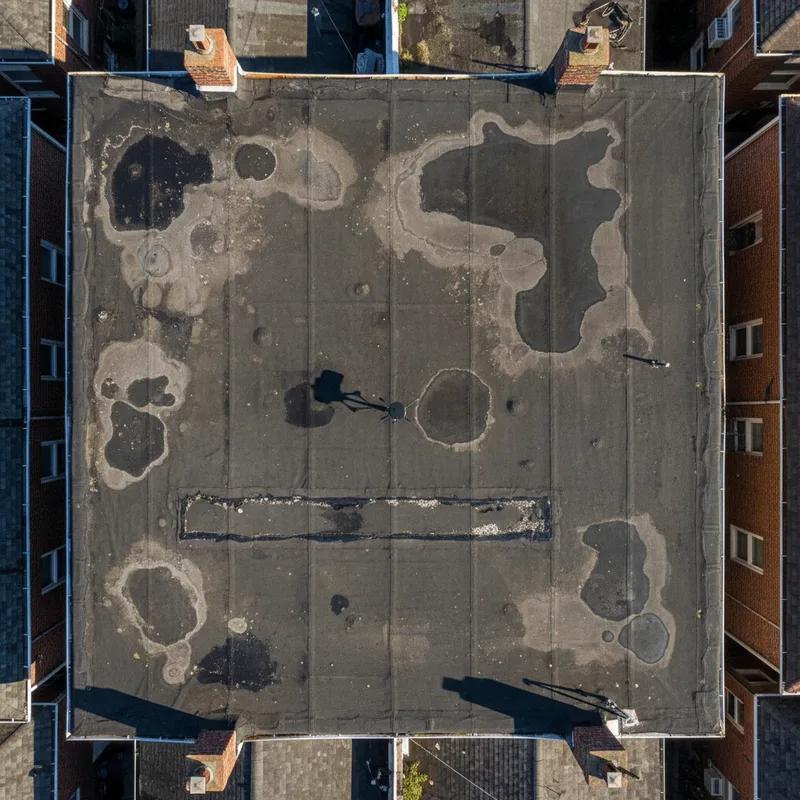 An aerial drone photograph looking straight down at a Philadelphia row home flat roof showing areas of ponding water and membrane discoloration in a dense urban neighborhood