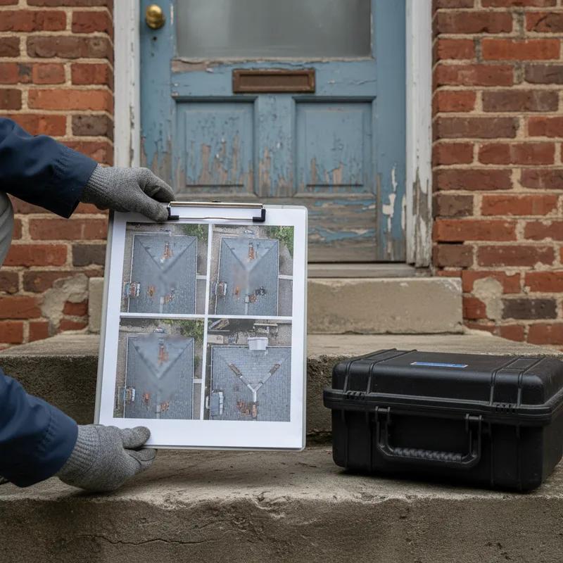 A Philadelphia homeowner reviewing a detailed drone roof inspection report on a laptop with annotated aerial photos of their row home roof, sitting at a kitchen table