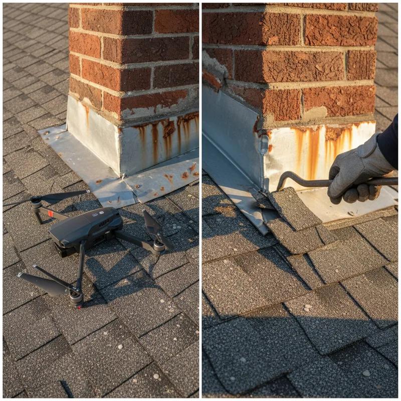 A roofing contractor in a Philadelphia neighborhood physically inspecting flashing around a chimney on a row home roof while referencing annotated drone imagery on a tablet