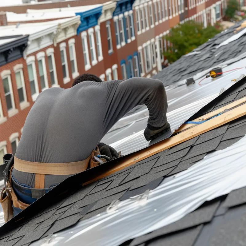 A roofing contractor installing metal connectors on a Philadelphia row home's roof.