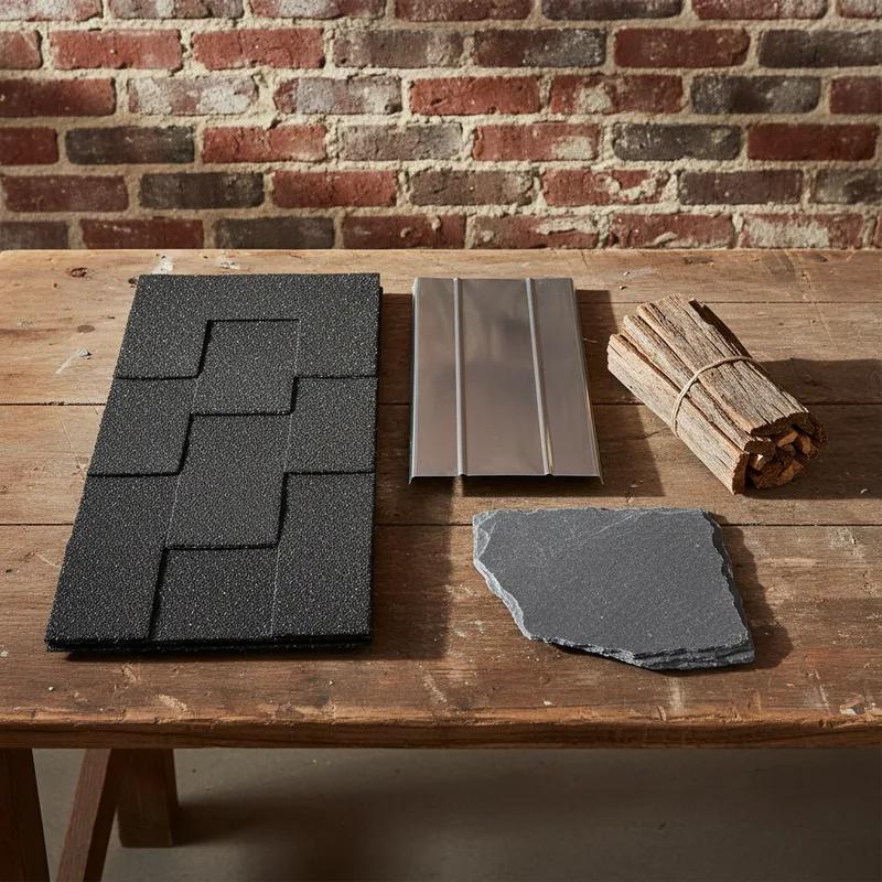 Close-up of various eco-friendly roofing materials like metal, slate, and clay tiles on Philadelphia homes.