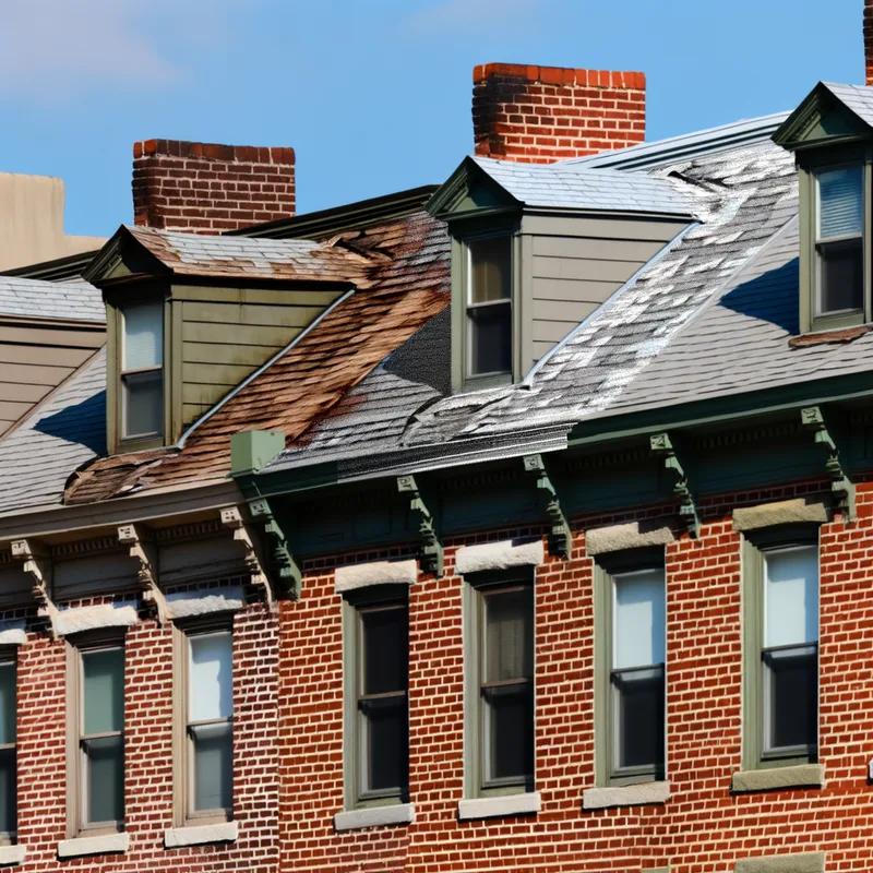 Aerial view of Philadelphia homes with various eco-friendly roofing options under different weather conditions.