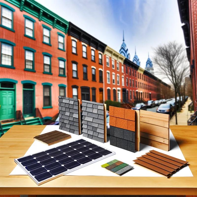 Close-up of various eco-friendly roofing materials like metal, slate, and clay tiles on Philadelphia homes.