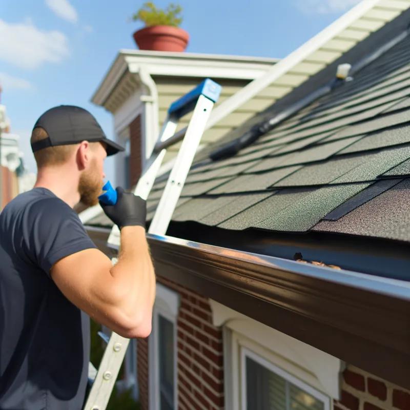 A maintenance professional inspecting an eco-friendly roof on a Philadelphia home during winter.