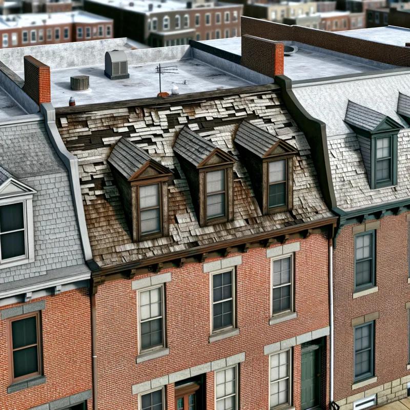A panoramic view of Philadelphia's skyline with roofs of various homes reflecting sunlight, illustrating the urban heat island effect.
