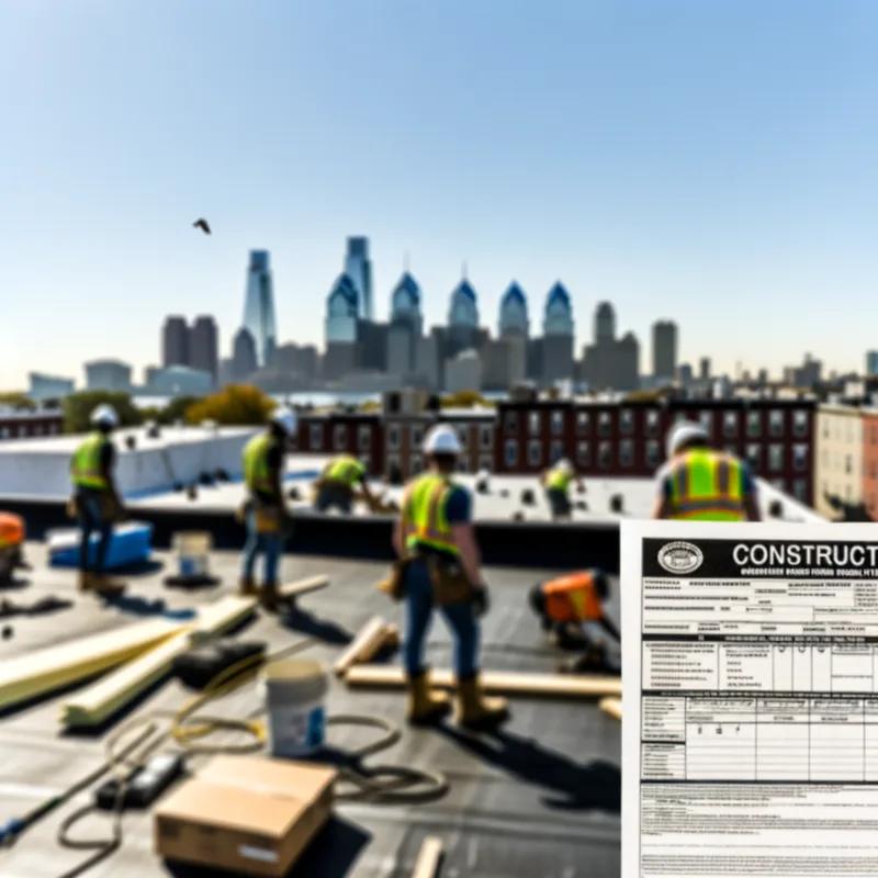 A roofing contractor consulting Philadelphia building codes while examining a rooftop, highlighting compliance and incentive opportunities.