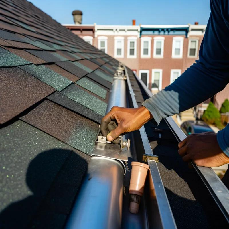 A homeowner on a ladder cleaning gutters and inspecting the roof for maintenance, ensuring energy efficiency is sustained.