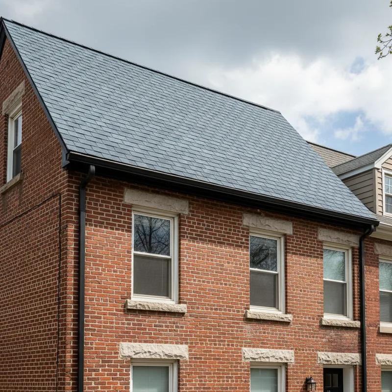 Close-up of a Philadelphia row home with a light gray reflective roof.