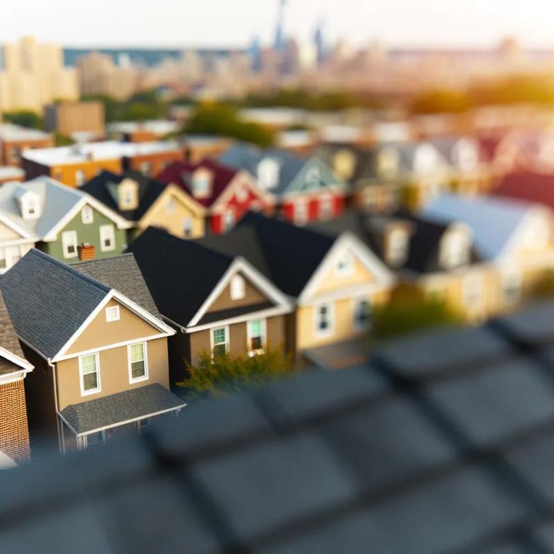 Close-up of a Philadelphia row home with a light gray reflective roof.