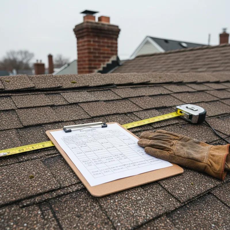 Philadelphia row home rooftop being measured by a contractor holding a clipboard, with the city skyline visible in the background
