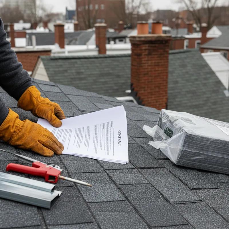 Philadelphia homeowner and roofing contractor reviewing a financing agreement on a tablet outside a brick row home in South Philadelphia