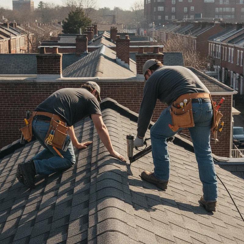 Habitat for Humanity volunteers in safety gear installing new roofing materials on a North Philadelphia row home on a sunny day