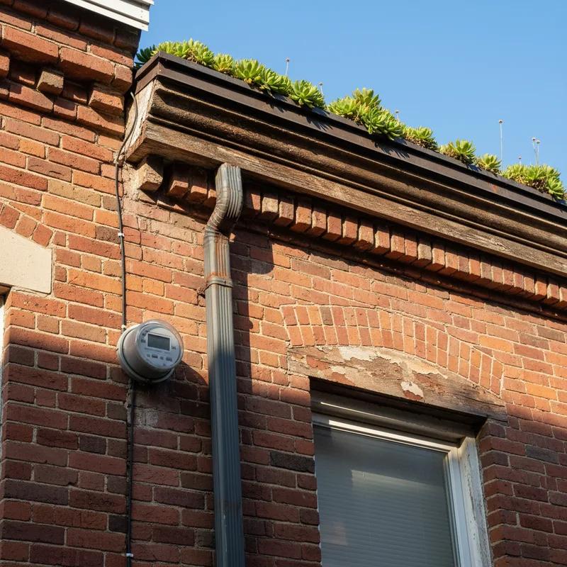 Aerial view of a Philadelphia row home neighborhood with a green vegetative roof visible among traditional flat roofs on a sunny day