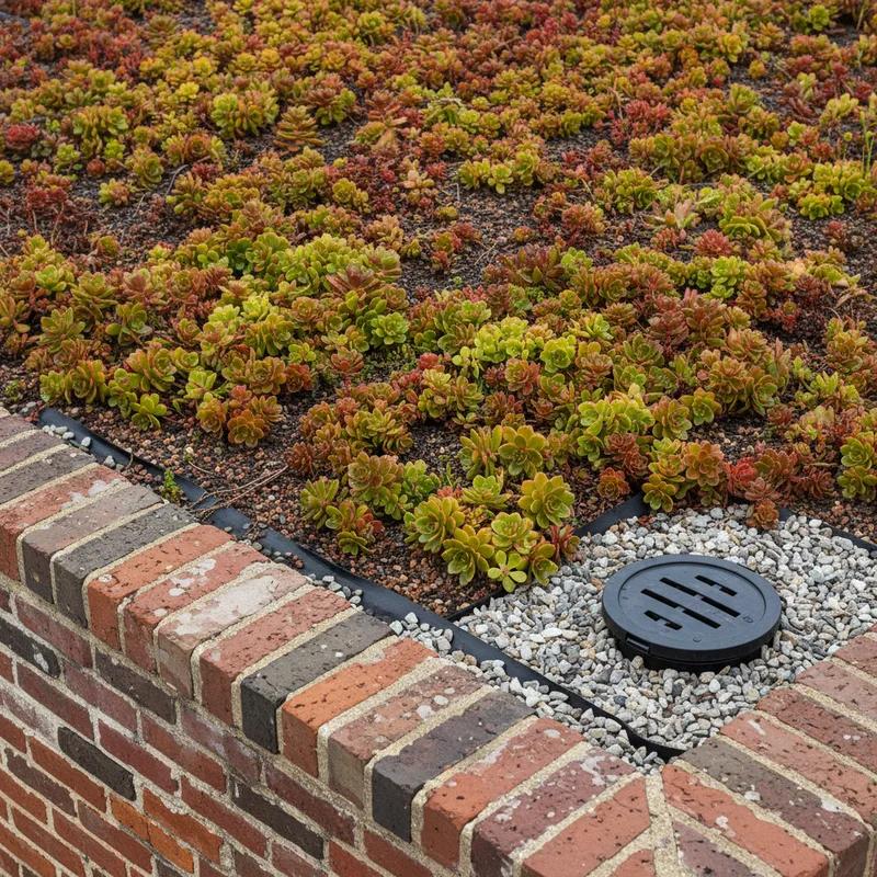 Close-up of a thriving extensive green roof with sedum plants and native grasses on a flat-roofed Philadelphia row home in summer