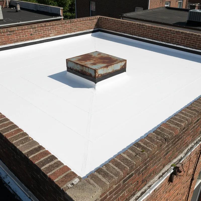 A professional roofer applying a bright white elastomeric cool roof coating to a flat row home rooftop in a dense Philadelphia neighborhood
