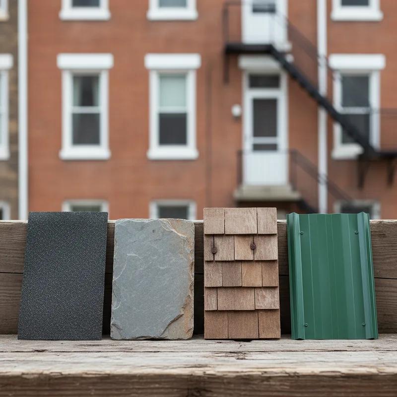 A Philadelphia rowhome with a newly installed standing seam metal roof alongside a neighboring home with solar panels, showing sustainable roofing options side by side