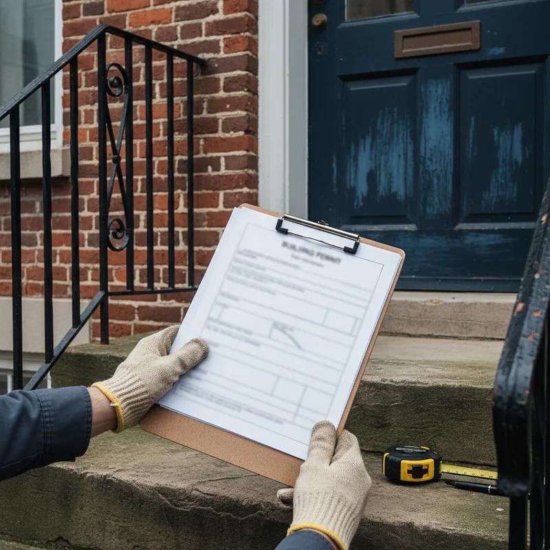 A Philadelphia homeowner reviewing green roofing permit documents with a licensed contractor on a row home rooftop during a site assessment