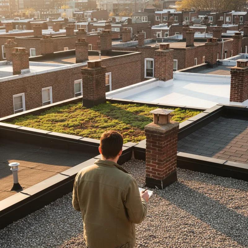 A Philadelphia homeowner and roofing contractor standing on a flat row home rooftop reviewing a green roof installation proposal with the city skyline visible in the background