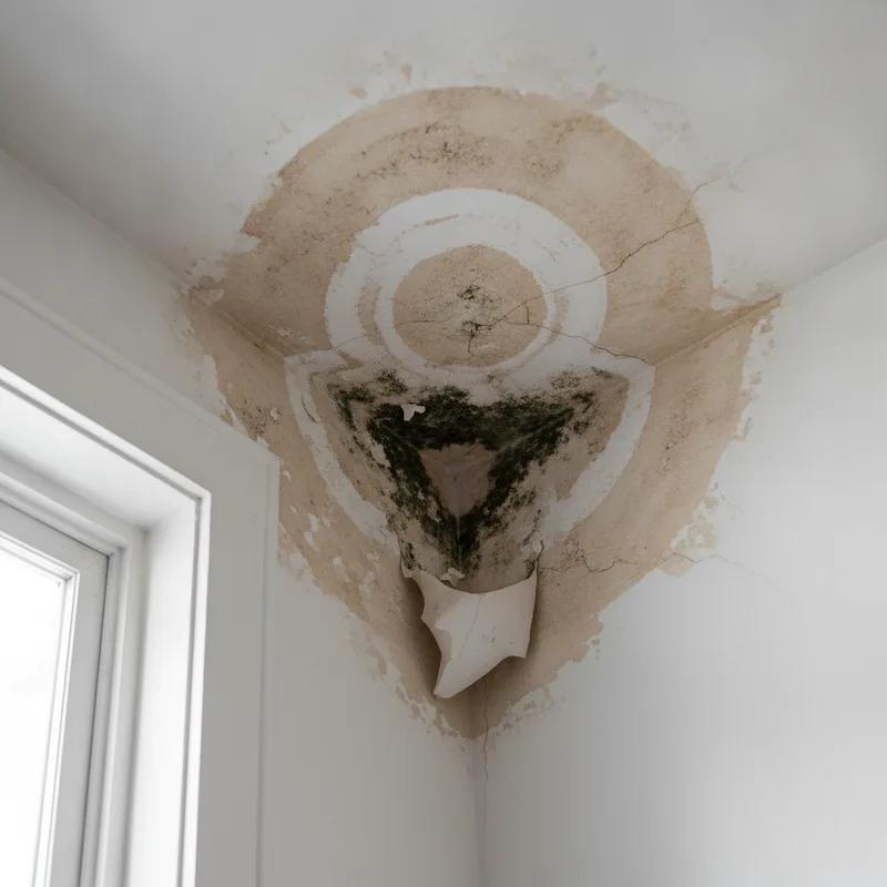 Water stains spreading across the interior ceiling of an older Philadelphia row home, with peeling paint and visible moisture damage near a roofline junction
