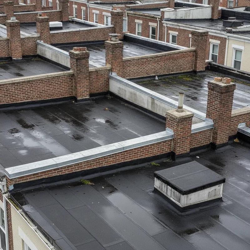 Aerial view of a densely packed Philadelphia row home block in South Philly showing flat rooftops with HVAC units, chimneys, and varying roofing membrane conditions