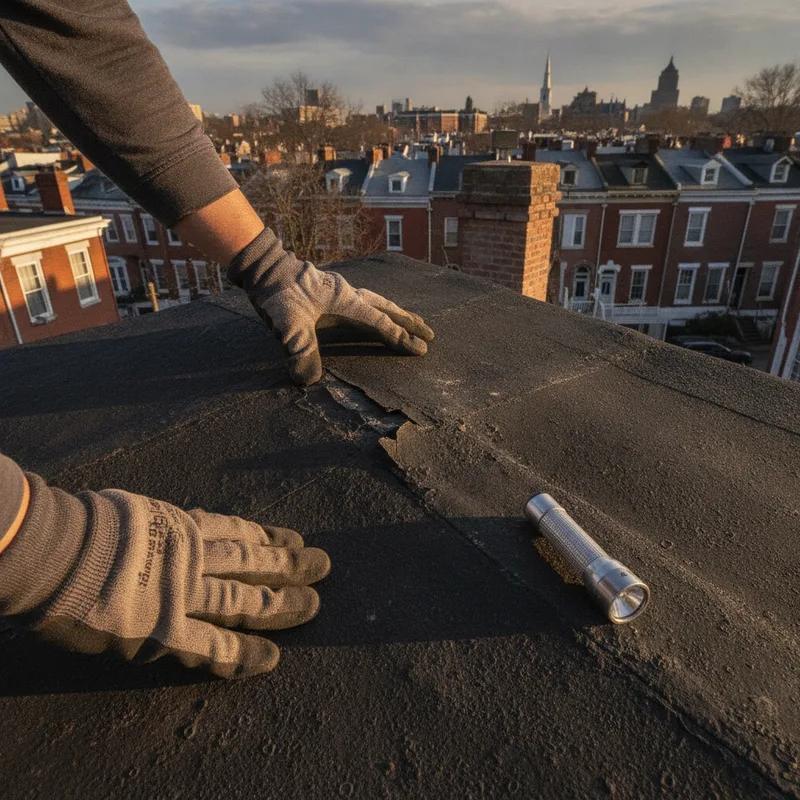 A Philadelphia homeowner using a flashlight to inspect the underside of roof sheathing in a dimly lit attic, checking for water stains and soft wood near the ridge