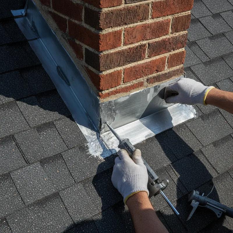 A licensed roofer in safety gear applying flashing sealant around a chimney base on a Philadelphia row home roof during a repair visit on a cloudy day