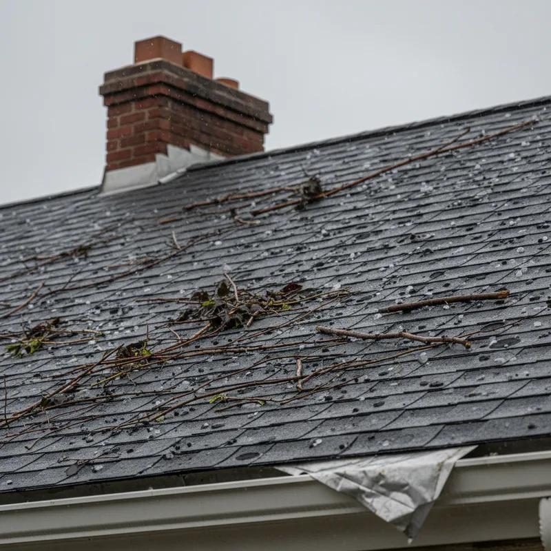 Storm-damaged asphalt shingle roof on a Philadelphia row home with missing shingles and debris after a spring thunderstorm