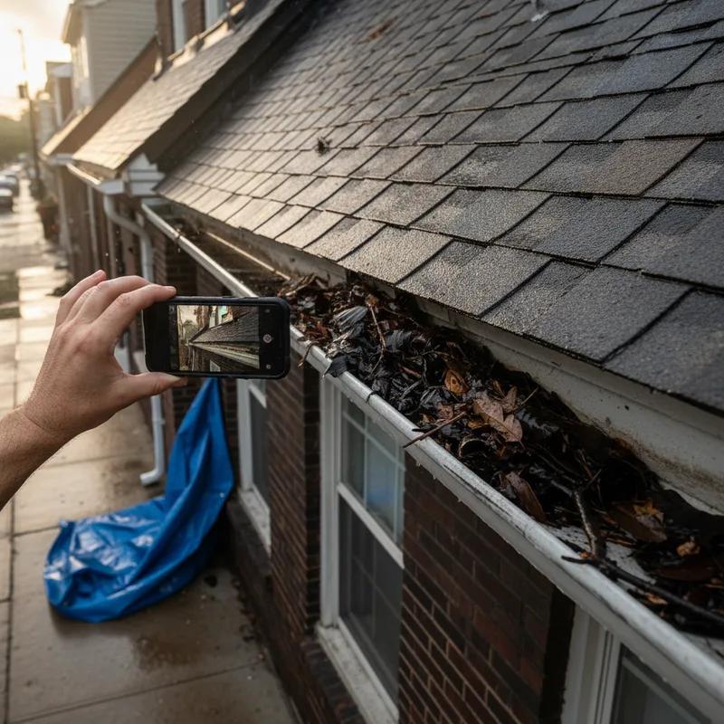 Philadelphia homeowner photographing roof damage on a row home from the backyard after a spring storm, using a smartphone to document missing shingles