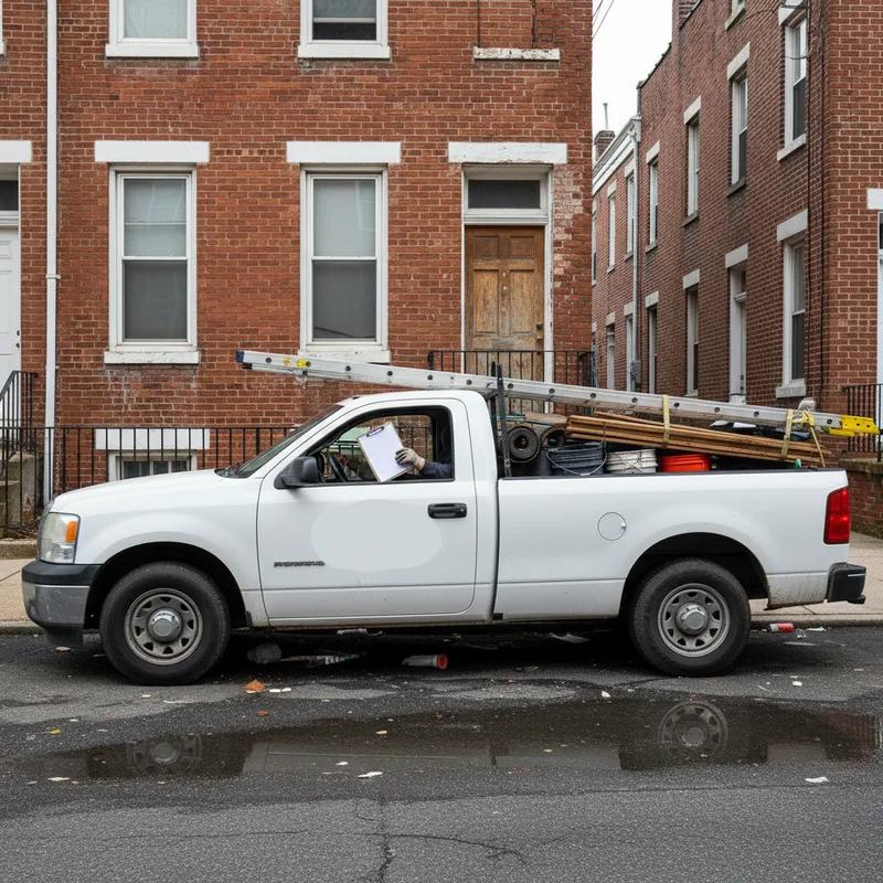 A door-to-door contractor in a pickup truck parked on a Philadelphia street talking to a homeowner on their front stoop after a storm, illustrating storm chaser warning signs